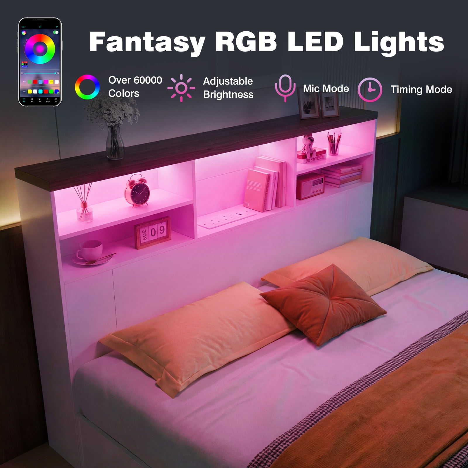 Advwin 63" Full/Queen Storage Headboard with LED Lights & Charging Station, Modern Bookcase Headboard, Space Saving Wood Headboard Only for Bedroom, White & Walnut