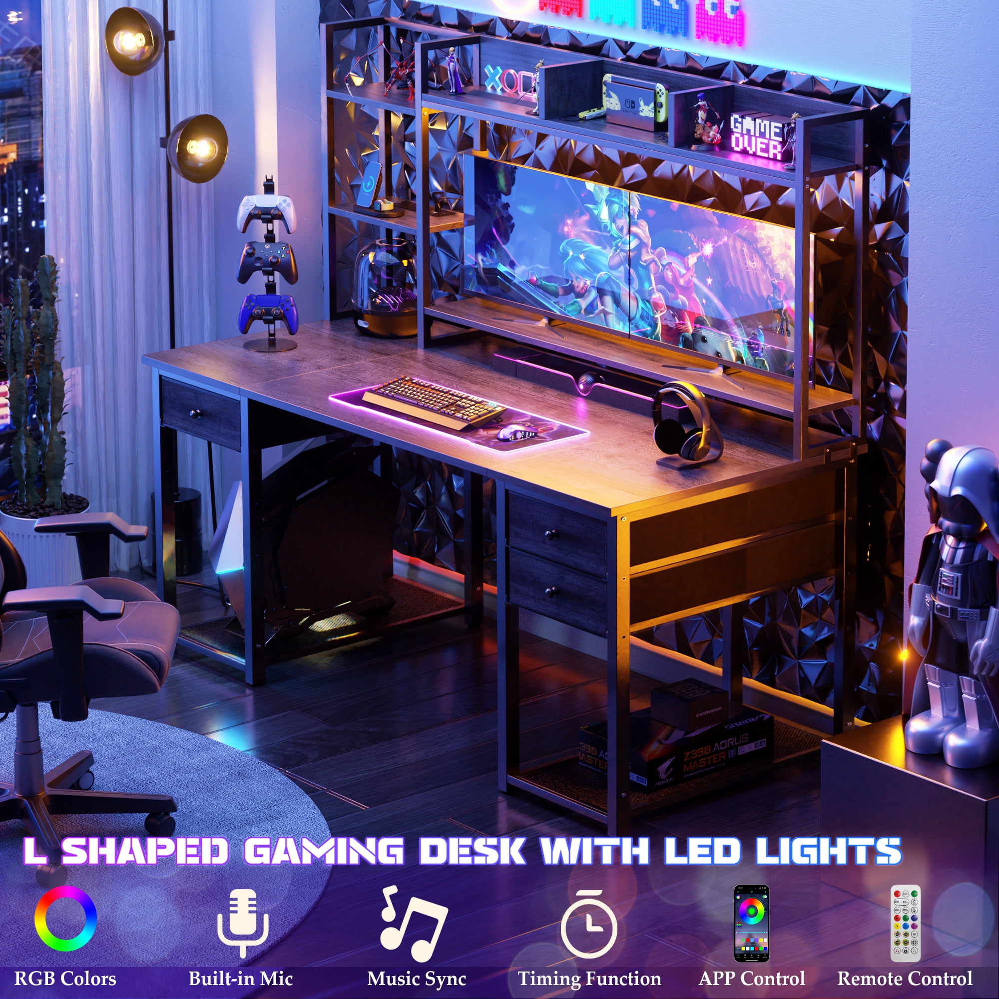 iSunirm Computer Desk with Storage & Hutch, 55.2'' Rectangle Gaming Desk with LED Light, Reversible Office Desk with Power Outlets, Comes with 3 Drawers, Large Workstation Desk for Home, Black Oak