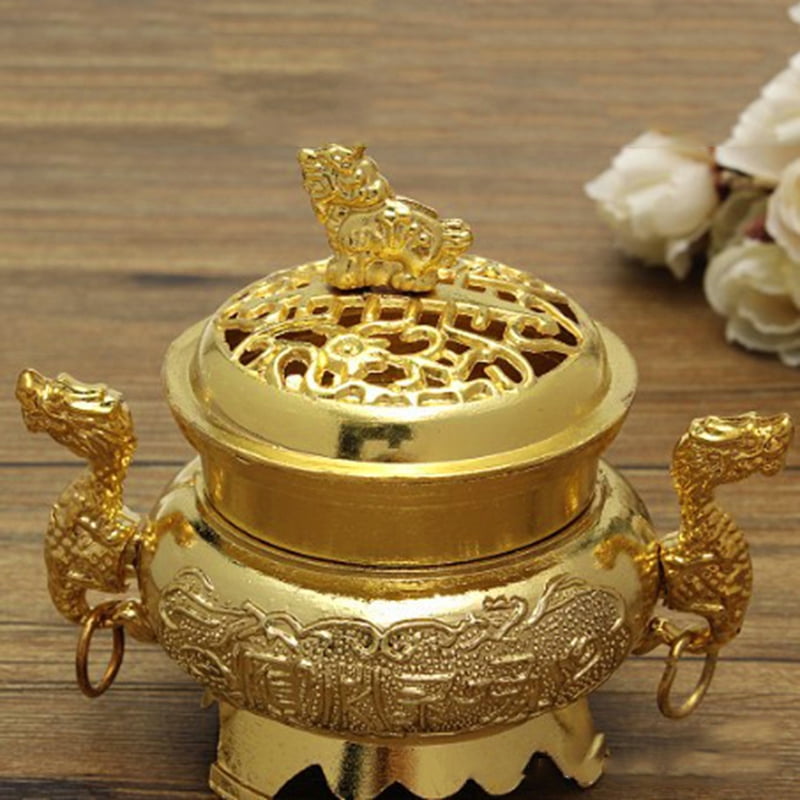 Vintage Chinese Incense Burner Lotus Flower Hollow Cover Censer Cone Holder Gift