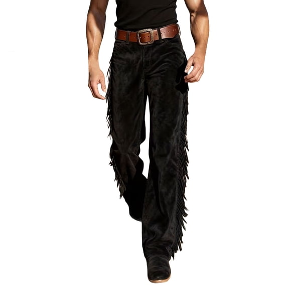 CONZONE Mens Western Cowboy Pants Wide Leg Tassel Suede Pants for Men Trendy Elastic Waist Funny Stage Performance Pant With Pockets