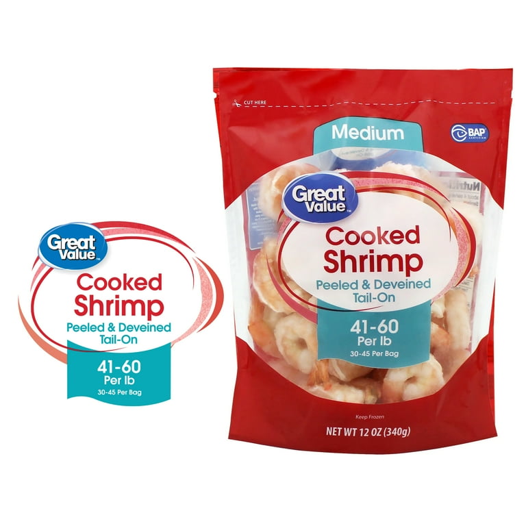 Great Value Frozen Cooked Medium Peeled & Deveined Tail-on Shrimp, 12 oz Bag (41-60 Count per lb)
