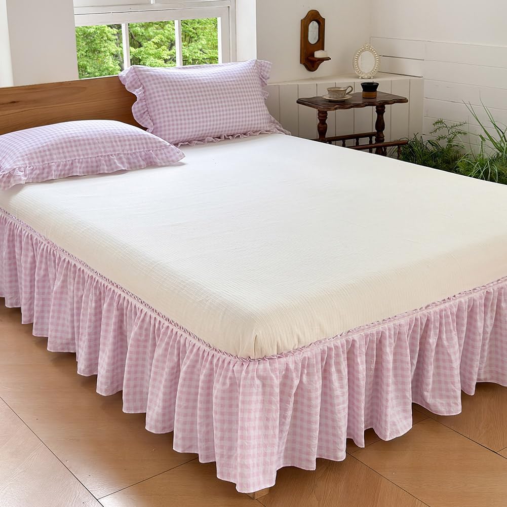 Pink Gingham Wrap Around Ruffled Bed Skirt with Lace Decor, Plaid Grid Adjustable Elastic Dust Ruffles for Queen Bed, 15 Inch Drop Farmhouse Cottage Pleated Bed Frame Cover(Pink Gingham, Queen)