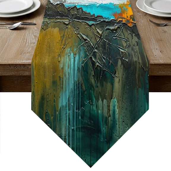 Turquoise Abstract Table Runner Linen Burlap Table Runner 70 Inches Long Vintage Coastal Modern Dripping Oil Painting Dresser Scarves for Kitchen Island Coffee Dining Room Party Holiday Decor 13"x70"