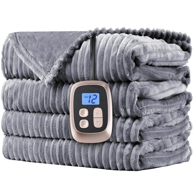 SUNNY HEAT Heated Electric Blanket Soft Flannel Full Size 72" x 84", Fast HEAT, 10 Heating Settings & 12 Hours Auto Shut-Off, Grey
