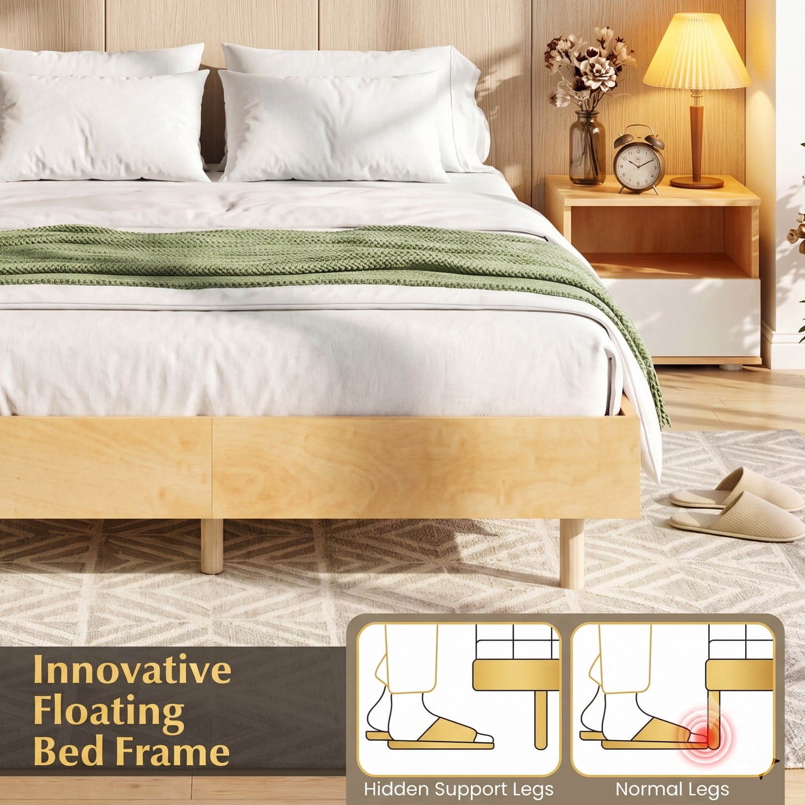 Furnibear Queen Size Bed Frame Floating Wood Platform Bed with RGB LED Lights and Remote Control for Bedroom, Natural