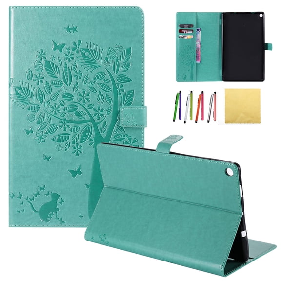 Fire HD 10.1 2017 & 2015 Case, Allytech Embossed Cat & Tree PU Leather Stand Folio Wallet Case Cover with Credit Card Slots for Amazon Fire HD 10.1 (5th/7th Generation, 2015 & 2017), Green