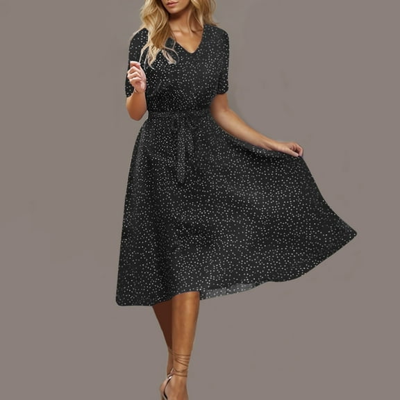 Juslio Summer Dresses for Women Polka Dot Beach V-Neck Short Sleeve Casual Womens Dresses Army Green XXXXL