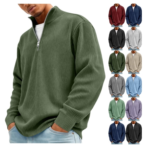 Corduroy Pullover Sweatshirt for Men Quarter Zip Mock Neck Long Sleeve Casual Fall Green 5XL