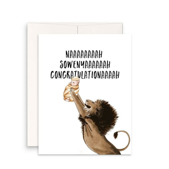 Baby Congratulations Card – Cute Lion and Baby Design with Funny Text – Envelope Included, Blank Inside – Perfect for New Parents and Baby Showers