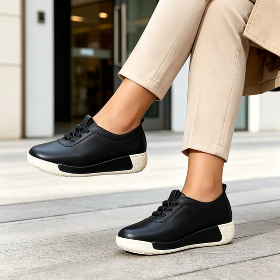 DENTOYOU Womens Walking Shoes PU Leather Fashion Tennis Shoes Non-Slip Casual Sneakers for Women Black 38