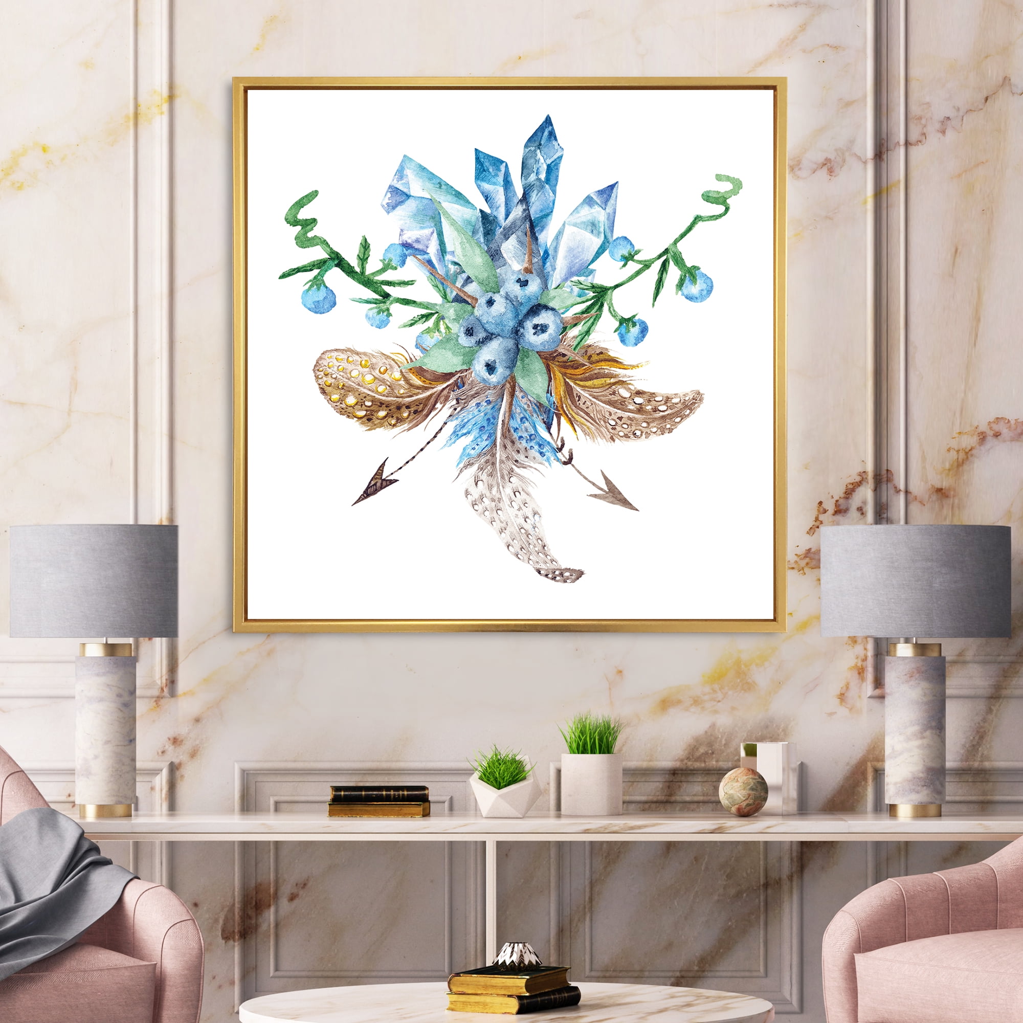 Designart 'Fresh Tribal Vignette Wild Forest Wreath Design On White I' Traditional Framed Canvas Wall Art Print