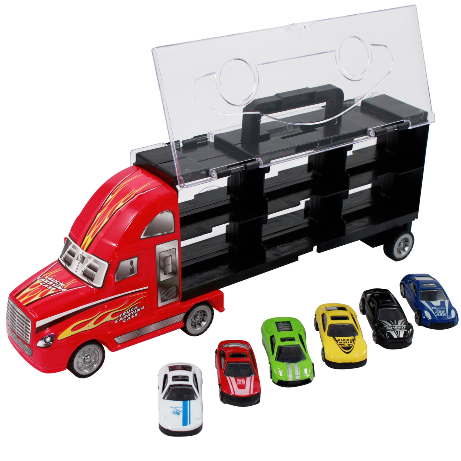 7pc Thunder Wheels Toy Semi Truck Diecast Race Car Carrier