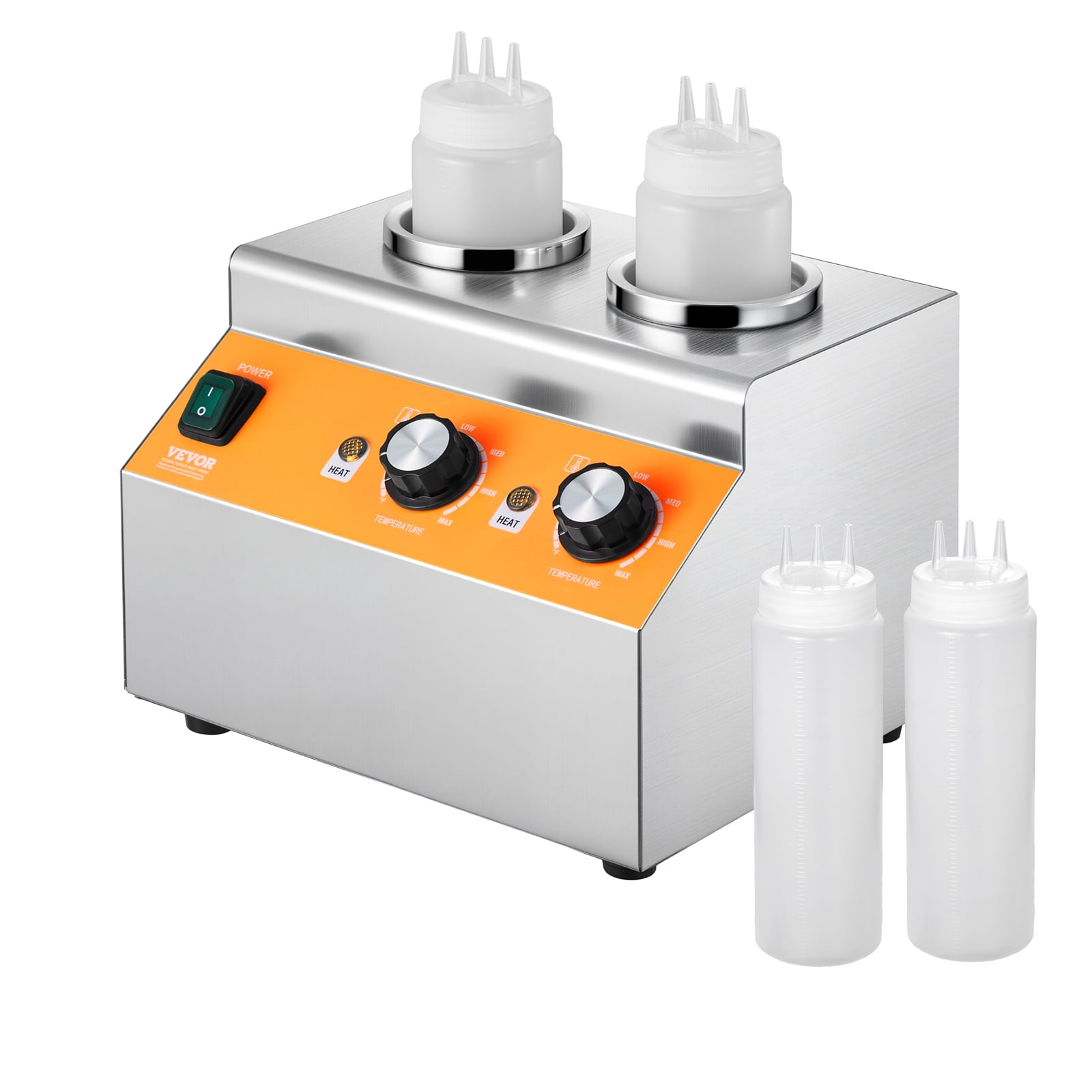 VEVOR Electric Bottle Warmer with Bottles, 0.8x2 LCommercial Cheese Dispenser, Hot Fudge Warmer 86-185℉ Temp Adjustable, Plastic Double Bottles Nacho Cheese Warmer, for Hot Fudge Cheese Caram Caramel
