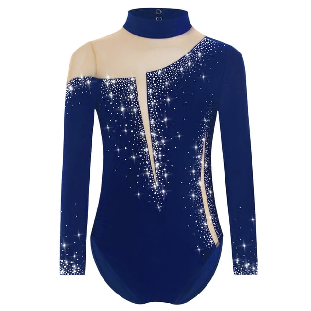 Hansber Gymnastic Leotard for Girls Shiny Rhinestones Ballet Mesh Splice Long Sleeve Figure Skating Navy Blue 16