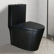 WinZo WZ5040B Elongated One Piece Toilet with Comfortable Seat Height Soft Closing Seat Modern Bathroom Matte Black
