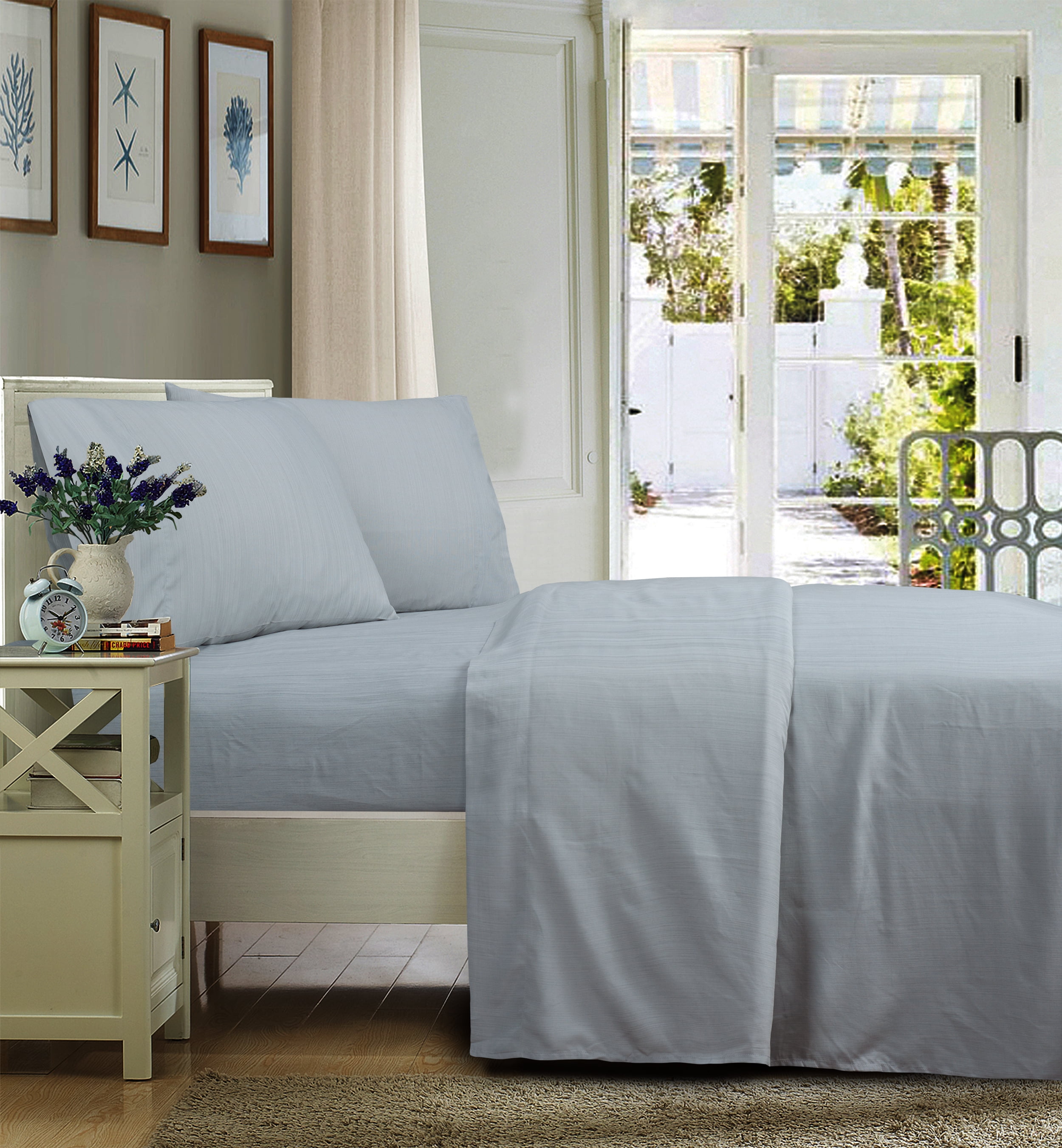Mainstays Ultra Soft High Quality Microfiber Bed Sheet Set, King, Grey Stria, 4 Piece