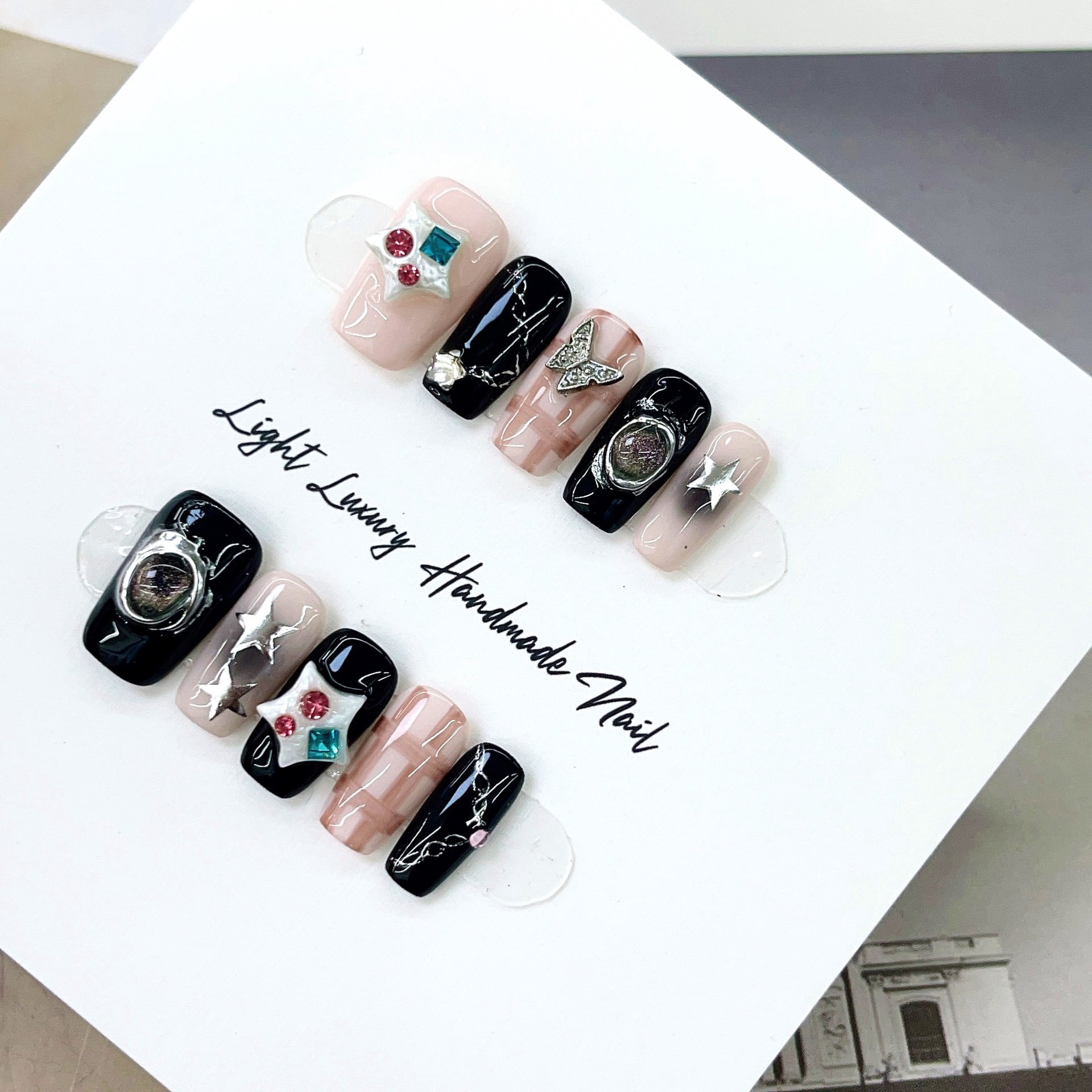 [Original real shot] Pink hand-painted plaid pattern hand-worn nail piece light luxury pure handmade high-quality control nail