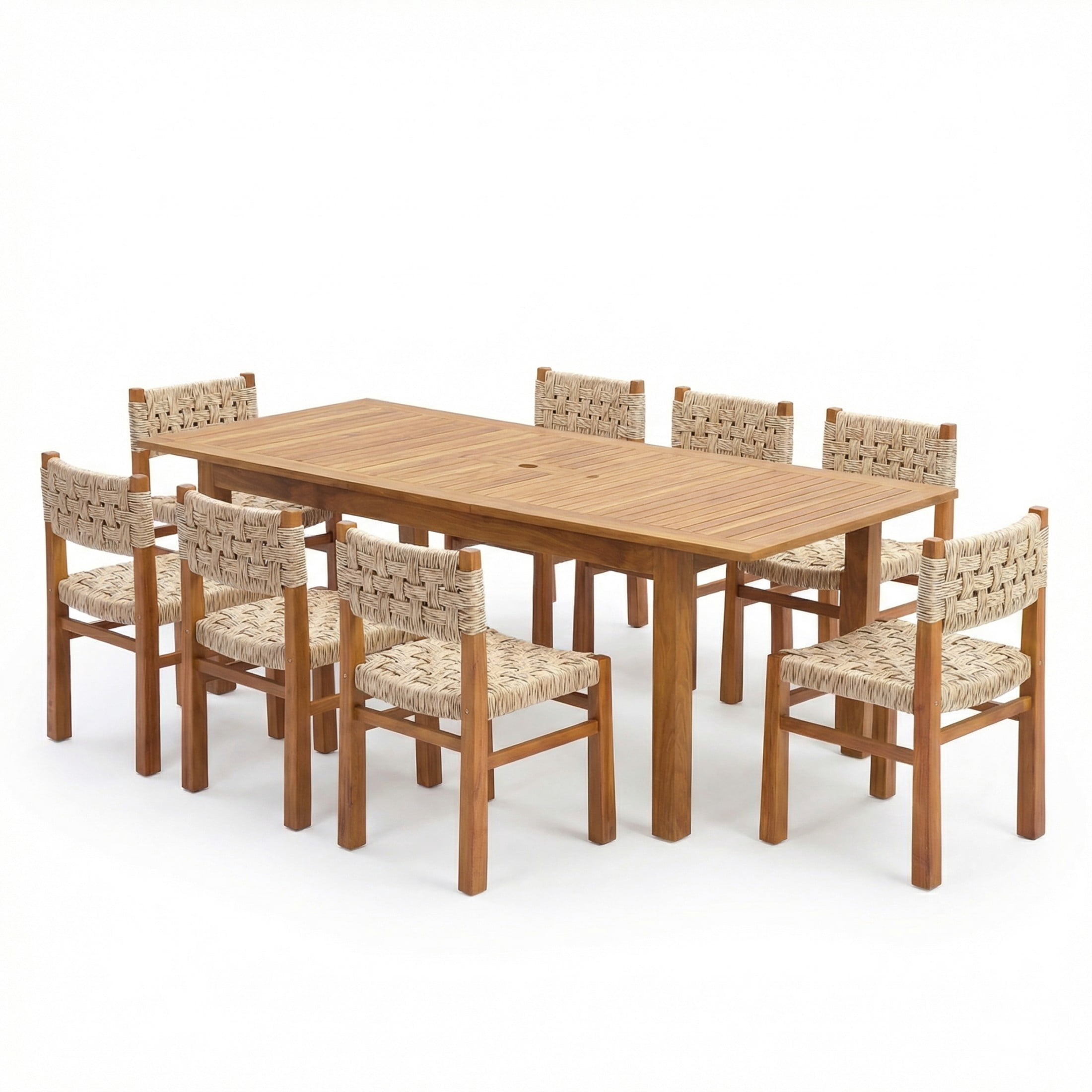 Christopher Knight Home 9-Piece Outdoor Wood Dining Set, Natural Expandable Table and Light Gray Wicker Chairs