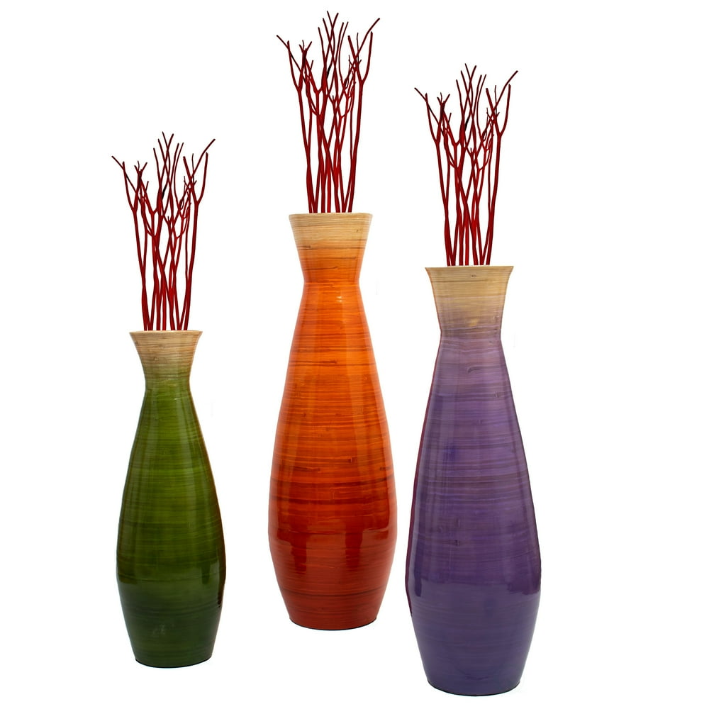 Set of 3 Tall Bamboo Floor Vases, in Orange, Purple, and Green