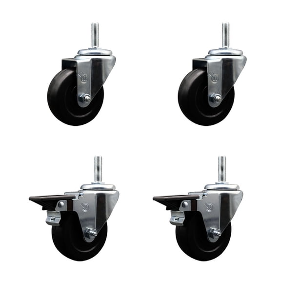 3.5 Inch Soft Rubber Wheel Swivel 3/4 Inch Threaded Stem Caster Set 2 Brakes SCC