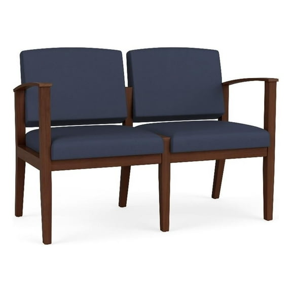 Amherst Wood Reception Waiting Room Healthcare 2-Seat Chair / Walnut Wood / Blue