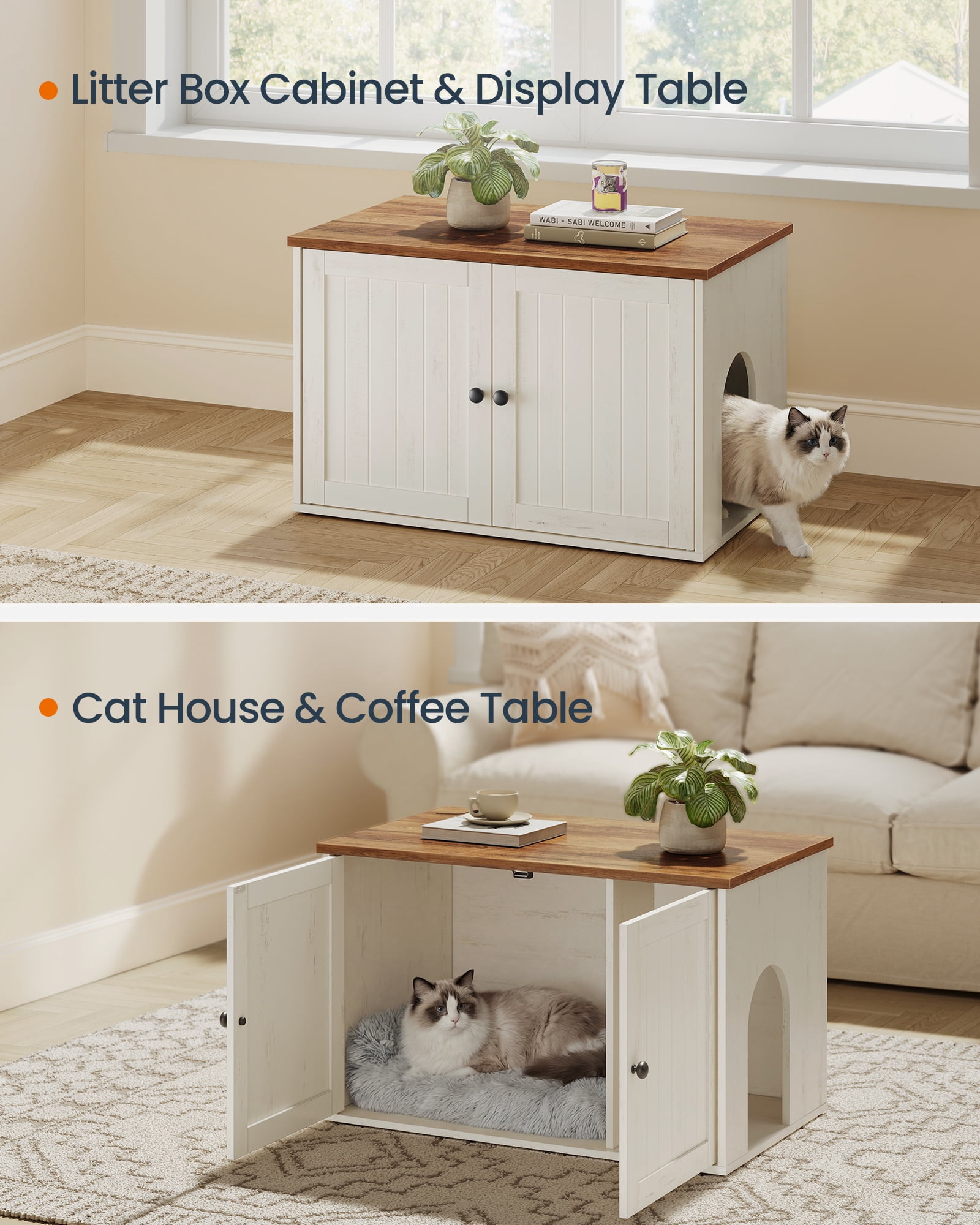 SONGMICS HOME Litter Box Enclosure, Superfast Toolless Assembly, Cat Washroom Furniture, Push-to-Open Doors, Cat House, Rustic White and Honey Brown