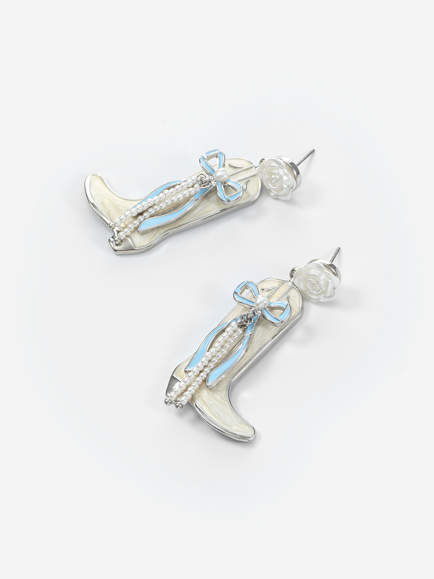 Packed Party Blue and White Pearl Western Boot Earrings, 1 Pair