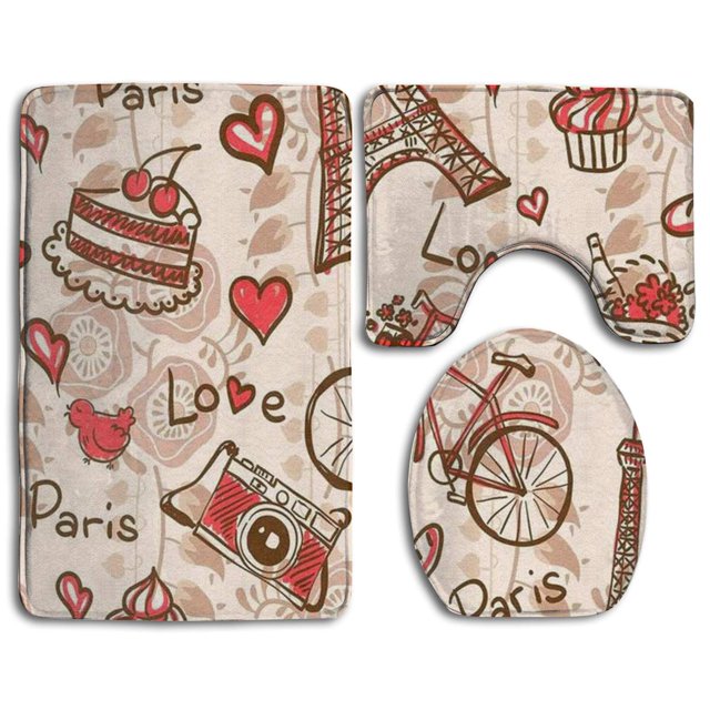 ABPHQTO Amor de parís Juego de alfombras de baño de 3 piezas Alfombra de baño Alfombra de contorno y tapa de inodoro
