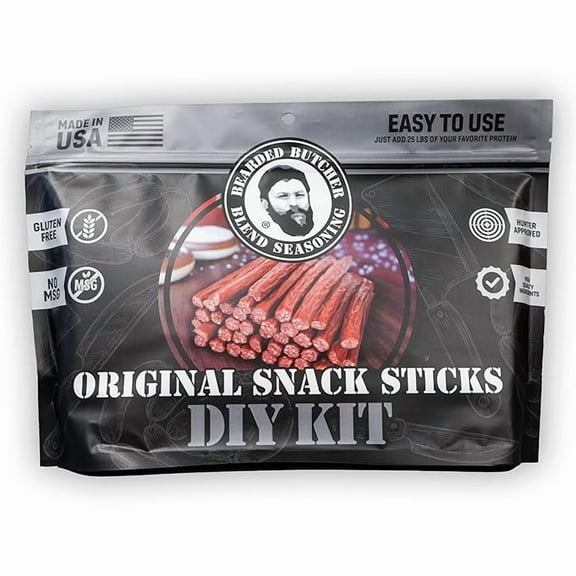 The Bearded Butchers Original Snack Sticks DIY Kit, Makes 25 lbs of Snack Sticks, Includes Original Seasoning, 17mm Collagen Casings & Curing Salt