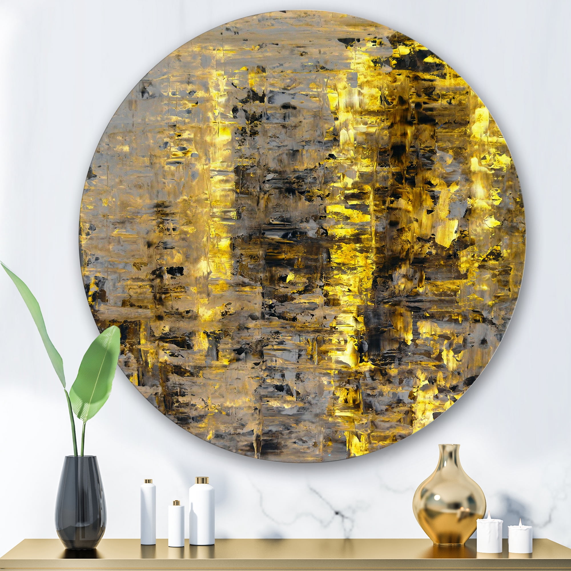 Designart 'Grey Meets Yellow Abstract Art II' Modern Circle Metal Wall Art 29x29 - Disc of 29