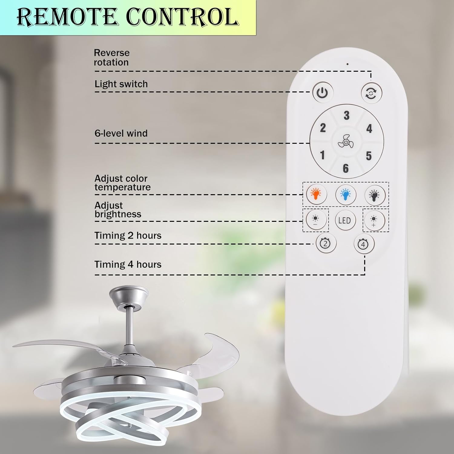 Datingday 42" LED Invisible Ceiling Fan Chandelier,Modern DIY Ceiling Fan Light Remote Control 4 Retractable ABS Blades for Bedroom Living Dining Room Decoration (Silver)