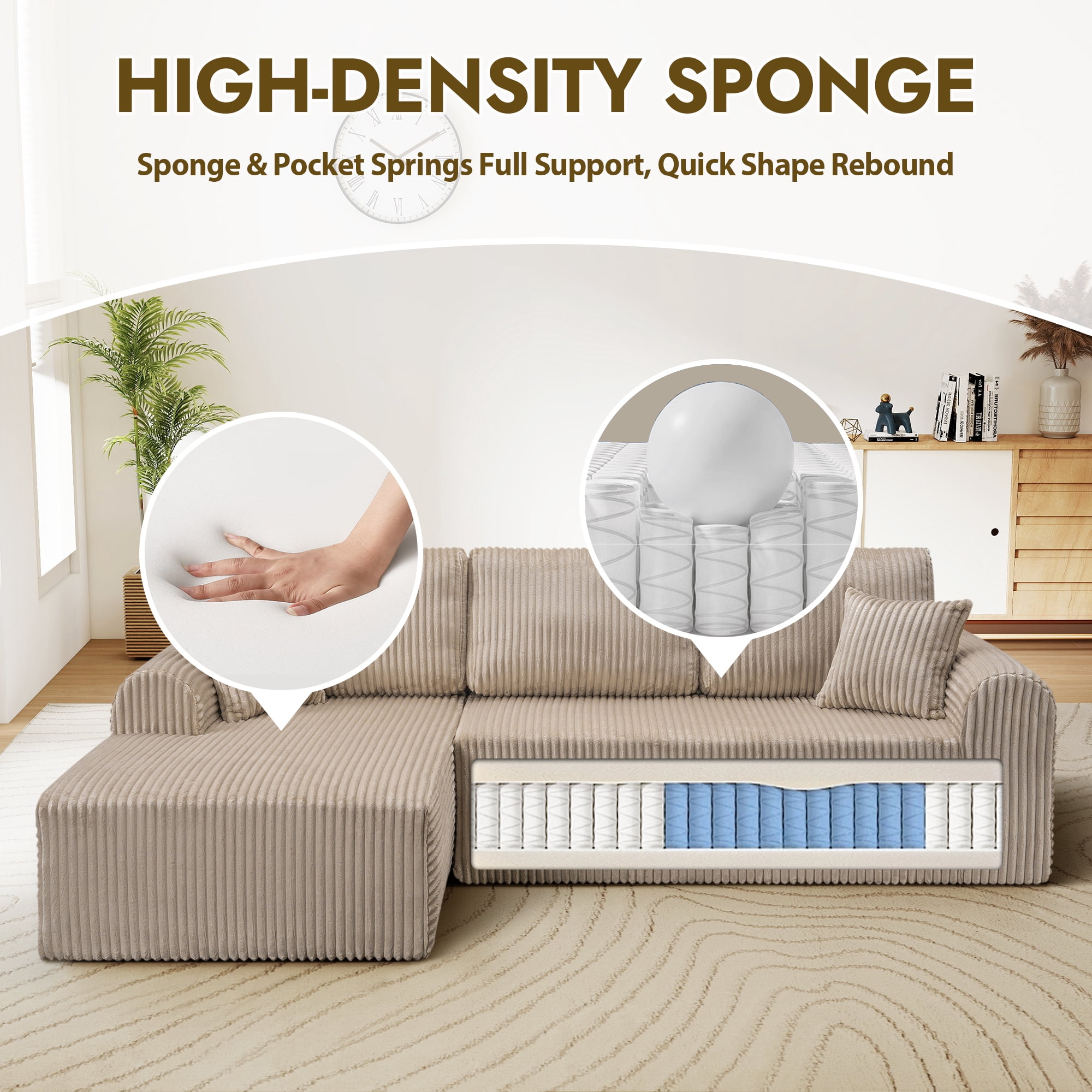 Aukfa 109" Modular Cloud Sectional Sofa with L-Shape Chaise, Corduroy Upholstered Deep Seat Couch, Left Facing Chaise, No Assembly Boneless Sofa for Living Room/Bedroom/Apartment, Camel