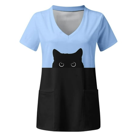 

Women Plus Size Top V-Neck Short Sleeve Pockets Printed Scrubs Top Uniform Nurses Clothing Workwear Leisure Clothes