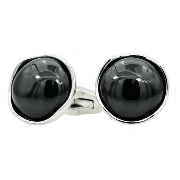 Arista Round Genuine Black Onyx Men's Cuff Links in Stainless Steel White
