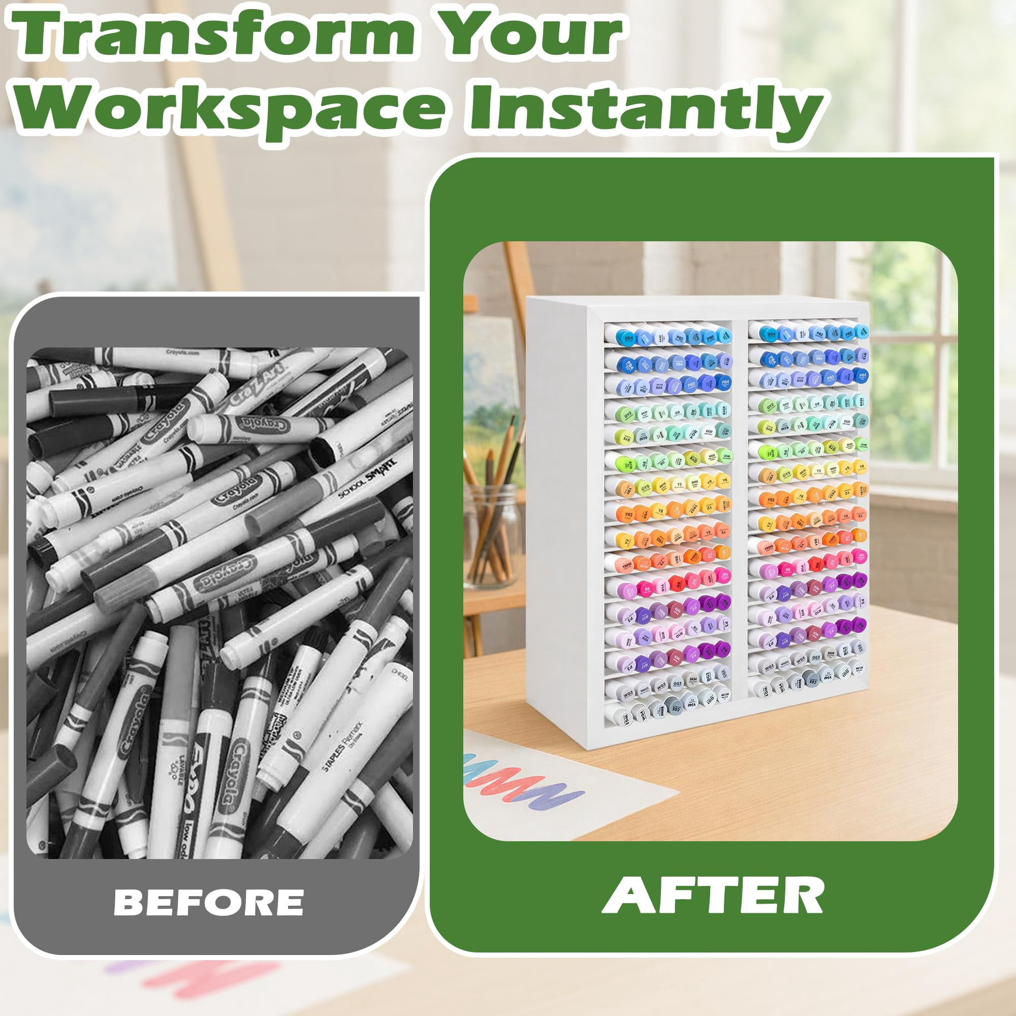 Marker Organizer For 224 Markers Wooden Holder With 32 Slots  Pens Pencils Art Supply Storage Desk Home Classroom Office Decor (white 15"x11"x5.2 ")