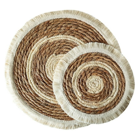 

Burlap Round Braided Placemats for Dining Tables Heat Resistant Table Mats Farmhouse Woven Fabric Natural Place mats for Decoration with Tassel(Beige)