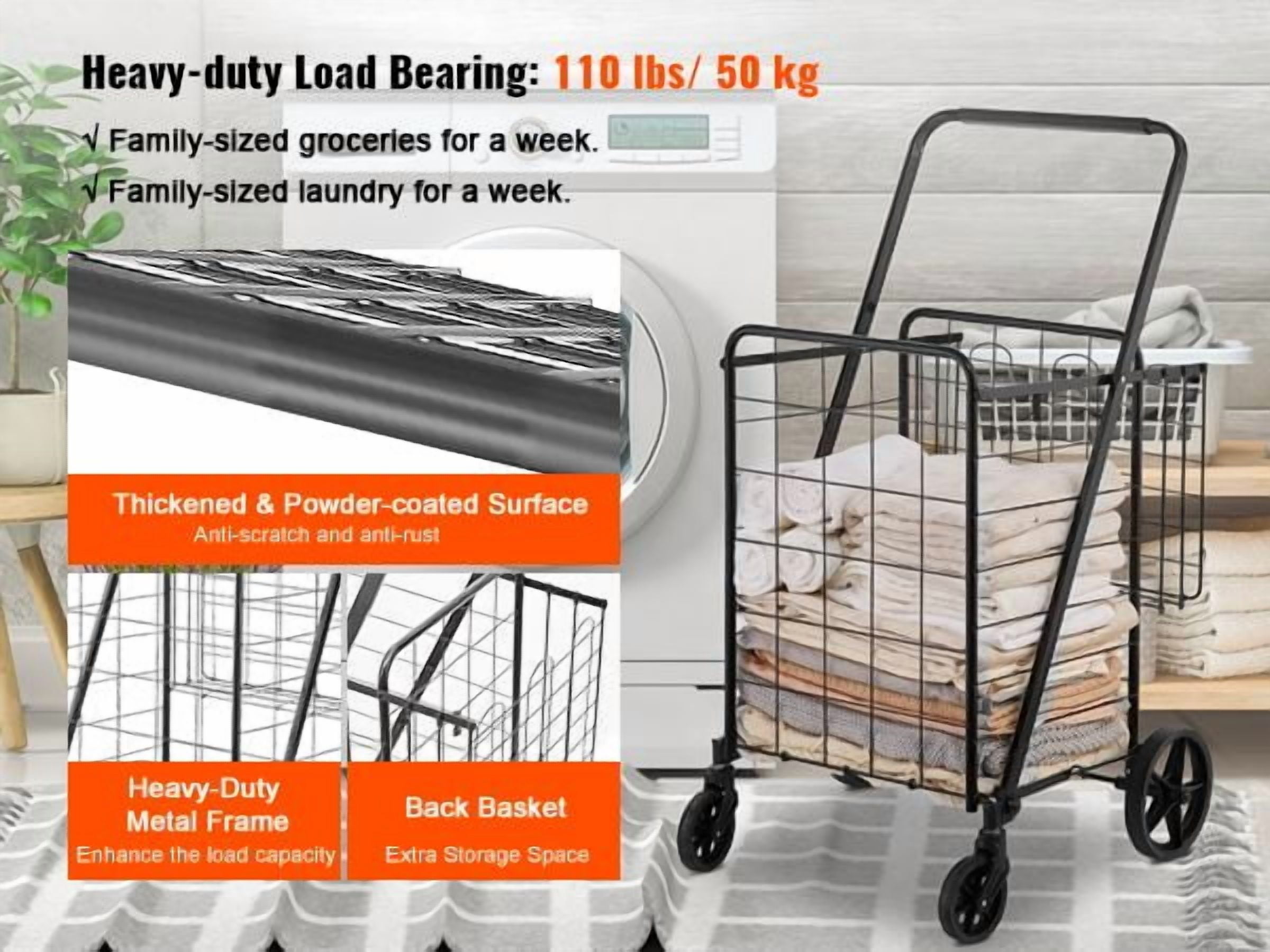 Folding Shopping Cart with Double Baskets, 110 LBS Capacity Heavy Duty Utility Cart, 360° Swivel Wheels, Portable Grocery Cart for Shopping Laundry Luggage