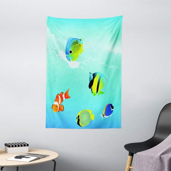 Ocean Tapestry, Nautical Navy Deep Sealife Image with Exotic Tropical Exotic Little Fish, Wall Hanging for Bedroom Living Room Dorm Decor, 40W X 60L Inches, Blue Orange and Yellow, by Ambesonne