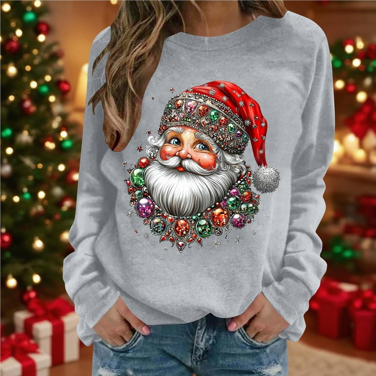Horkkom Christmas Sweatshirts for Women Funny Santa Claus Print