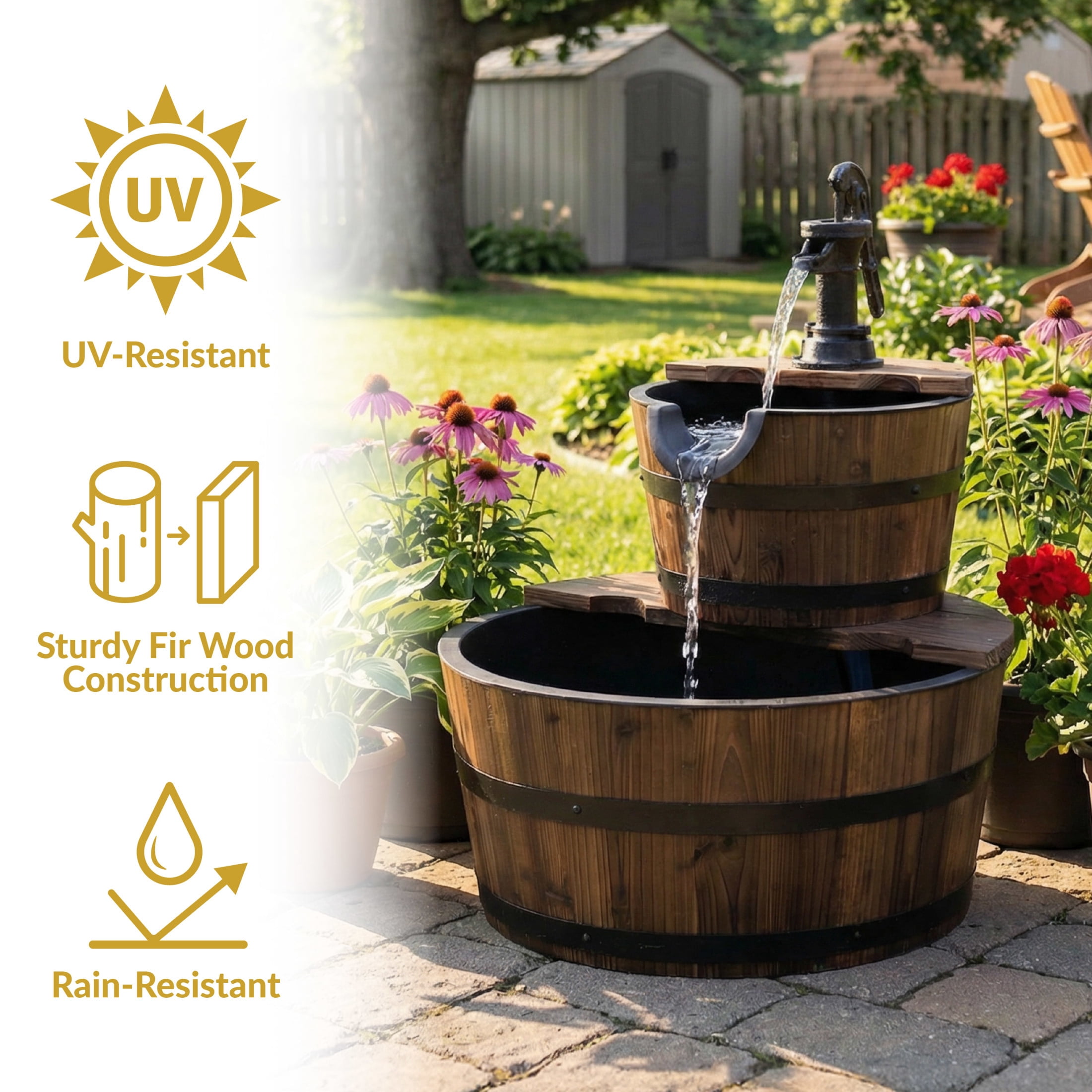 Sunnydaze Country Wood Brown 2-Tier Outdoor Water Fountain