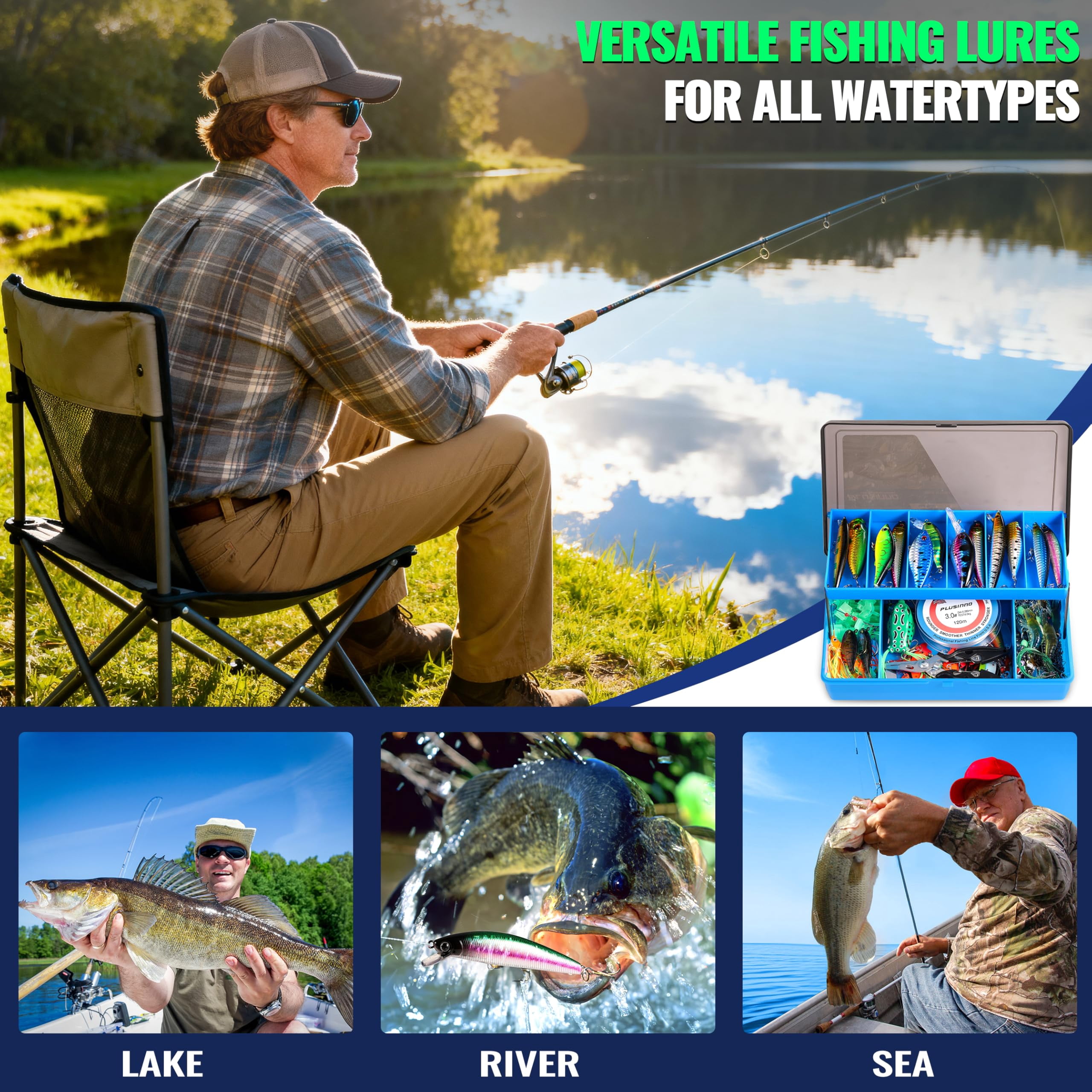 Fishing Lures Tackle Box Gifts For Men  Bass Trout Accessories Kit Saltwater & Freshwater Gear Including Topwater Hooks Spinnerbaits
