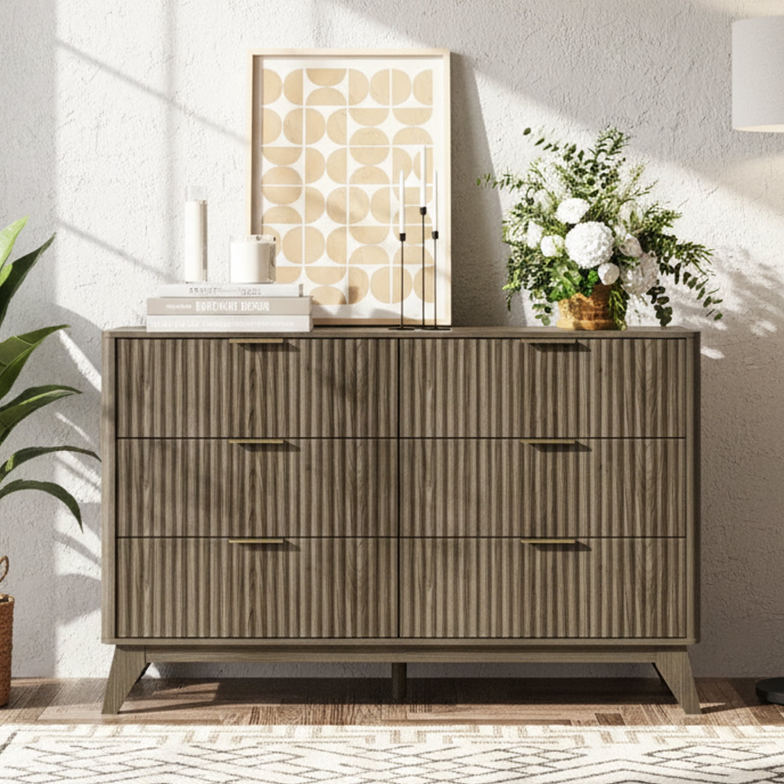 Ktaxon Modern 6 Drawer Dresser Fluted Wood Chest of Drawers with Soft Close Slides Storage Cabinet for Bedroom, Living Room, or Entryway Gray