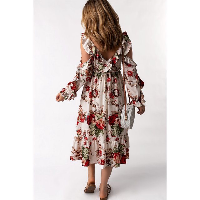 ABPHQTO Vestido floral con volantes y hombros descubiertos color albaricoque para mujer