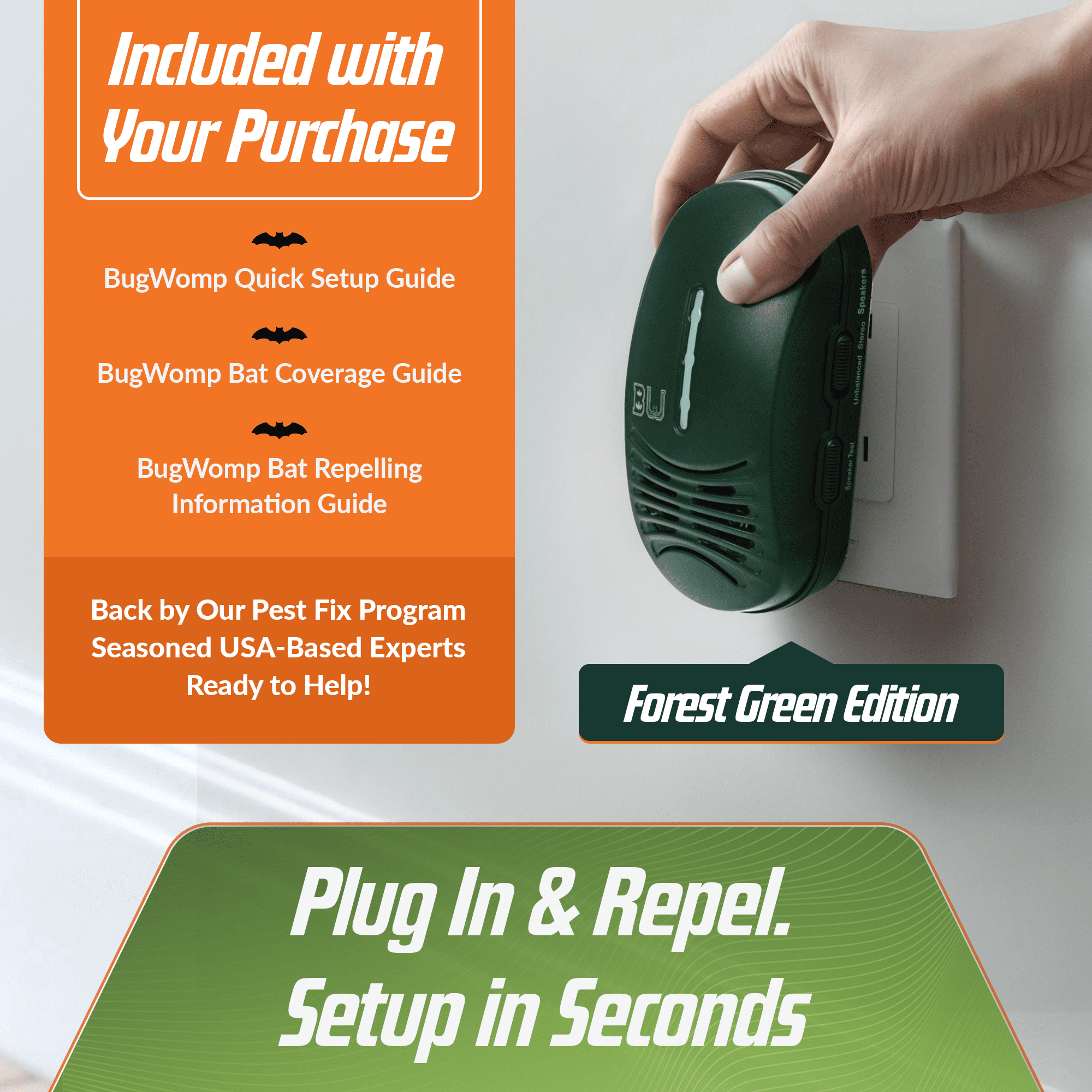 BEU-G Bat Expulsion Unit with Dynamic Ultrasonic Bat Repellent Technology (Forest Green Edition)
