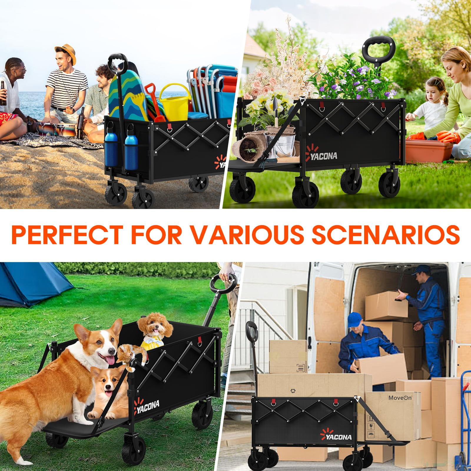 360lbs Wagons Carts Foldable with Tailgate, Heavy Duty Extra Long Beach Wagon, Adjustable Outdoor Collapsible Grocery Cart on Wheels, for Groceries, Sports, Garden, Beach, Shopping, Laundry, Black