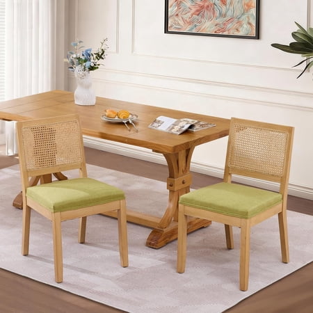 EHANCIS Set of 2 French Vintage Dining Chairs Solid Wood Frame Lattice Rattan Backrest with Soft Fabric Cushion Farmhouse Chair for Living Room Restaurant Bistro & Cafe Green