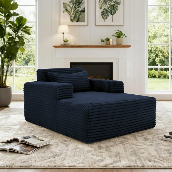 57" Oversized Chaise Lounge Chair for Indoor Use, Corduroy Upholstered Boneless Sofa Bed, Deep Seat Sleeper Couch Sofas,Reading Chairs for Living Room,Navy Blue
