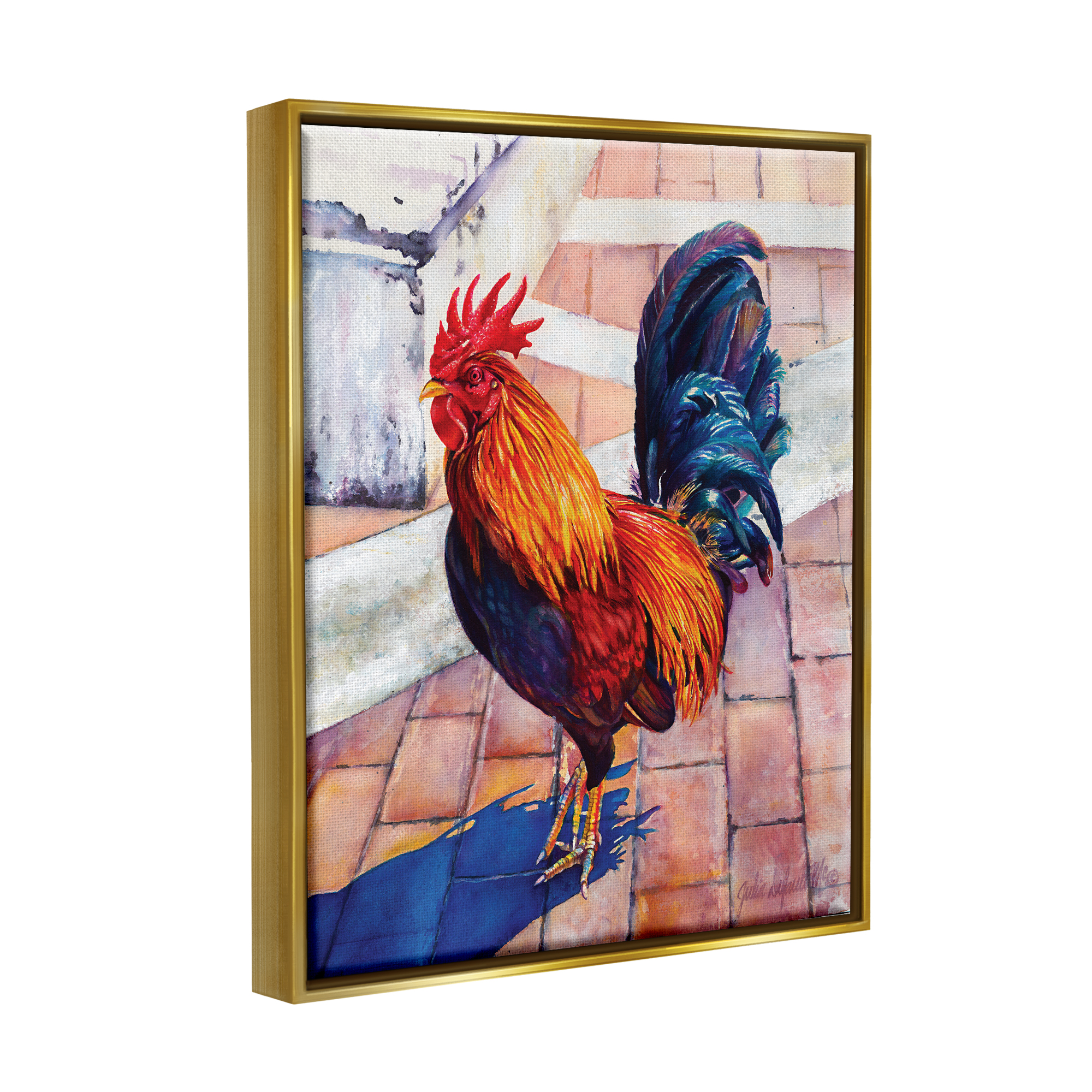 Stupell Industries Rooster Standing on Bricks Animals & Insects Painting Gold Floater Framed Art Print Wall Art, 25 x 31