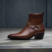 Men's Pointed Toe Harness Boots, Square Toe Side Zipper Cowboy Boots, Casual Block Heel Short Boots Fashion Chelsea Ankle BootsBlack/Brown