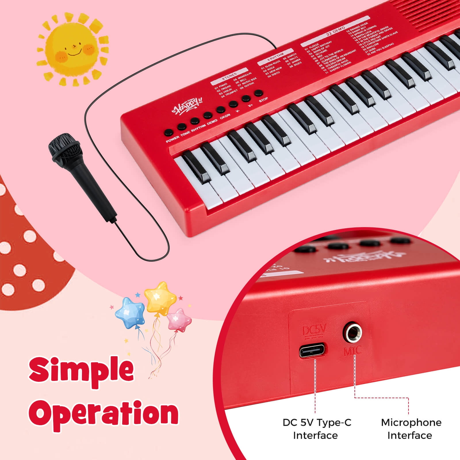 Costway Kids Piano Keyboard with 8 Rhythms 8 Tones 22 Demos for 3+ Years Old Boys & Girls Red